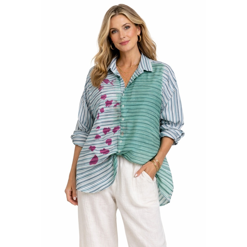 Alessandro Gherardeschi Striped 100% Cotton Art to wear Lagenlook Shirt Green XL